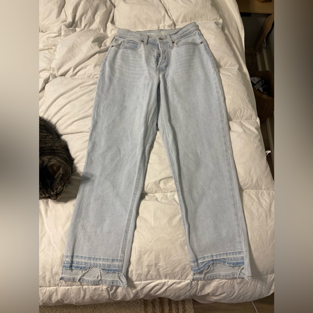 High-waisted distressed denim